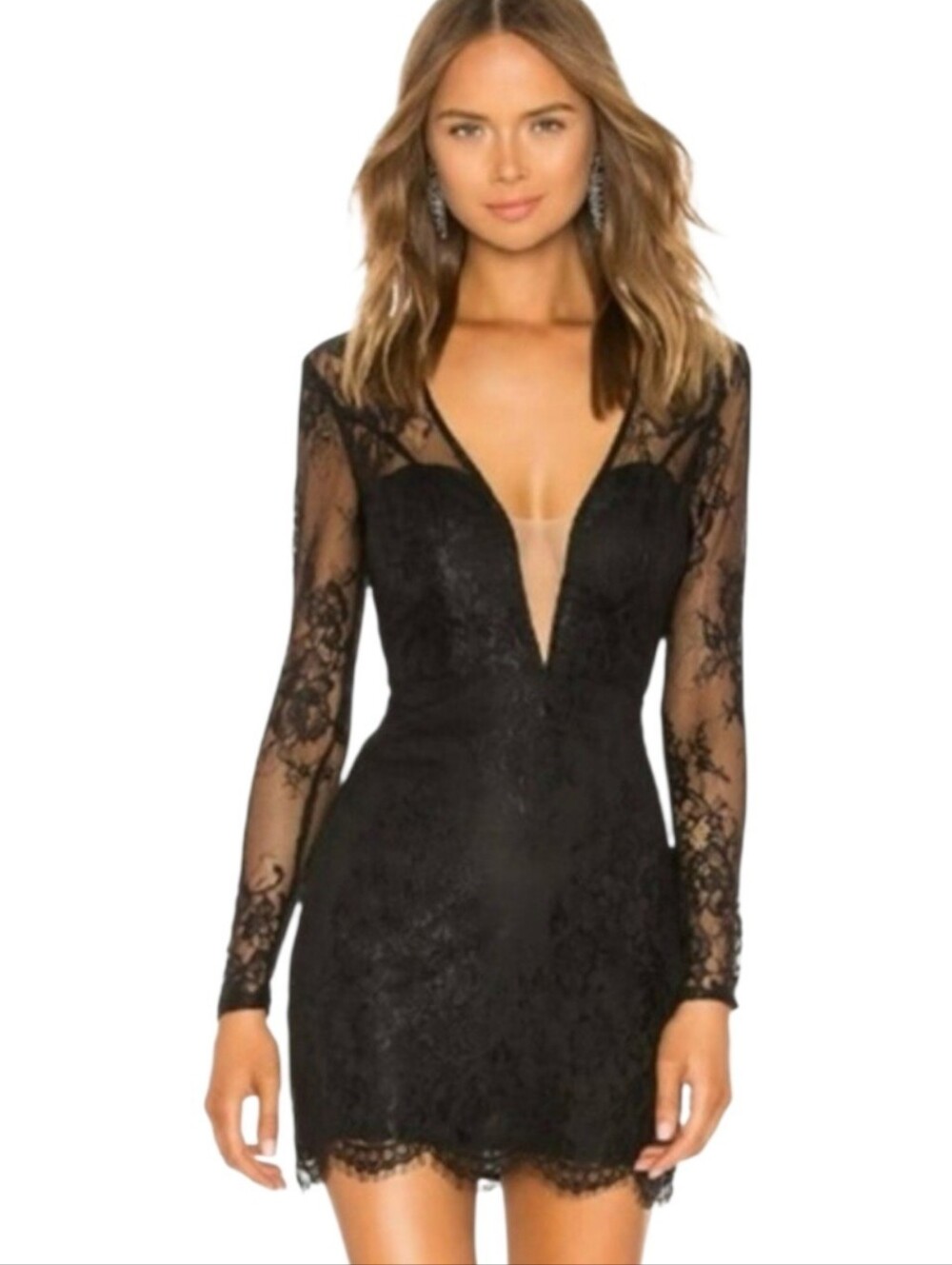 NBD Lace Dress Black Long Sleeve Mini Medium Revolve Cocktail LBD Dark Romantic